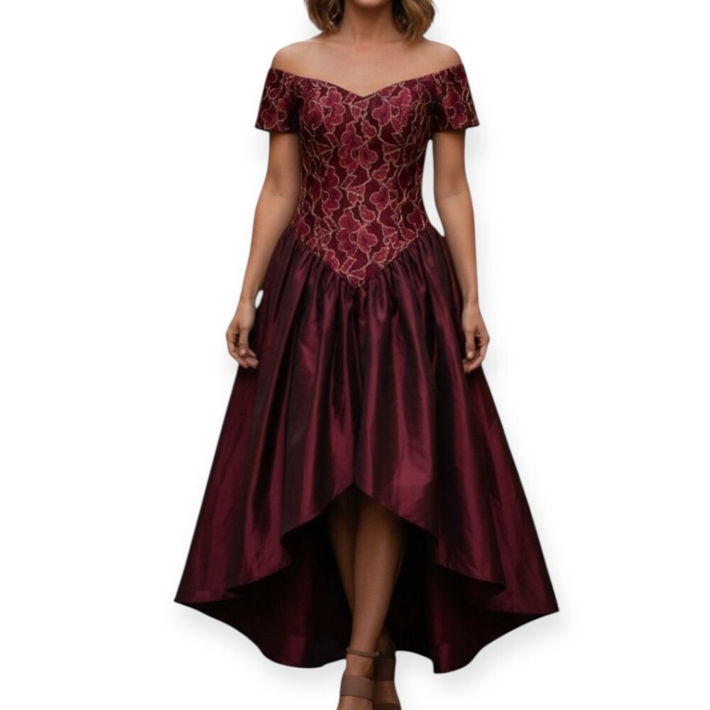 Loralie Original Burgundy Gown Sz 14 Off Shoulder Embroidered Velvet Lace Formal